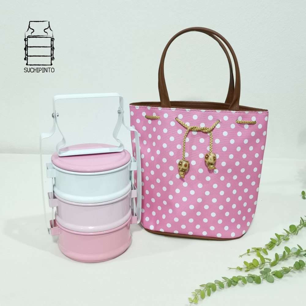 เซ็ตปิ่นโต 3 ชั้น 11ซม.(ขนาดเล็ก). + ถุงผ้าหนัง PVC ลายจุด