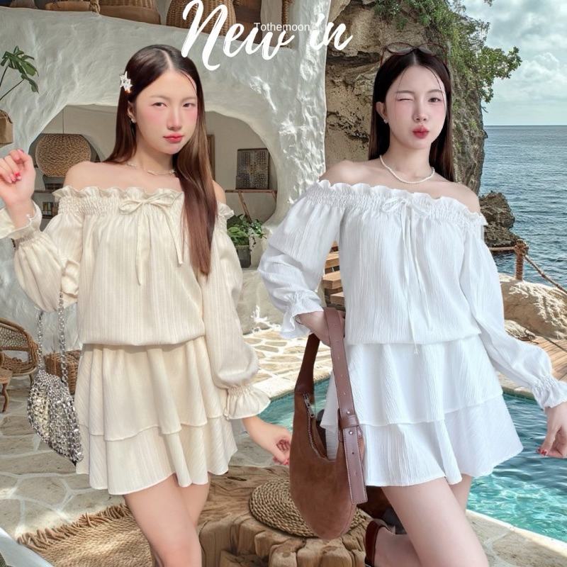 🌟Mamildya.shop🌟 เดรสปาดไหล่แขนยาวสีครีม ผ้าลายไม้มีเทคเจอร์สวยมาก ใส่แล้วเป็นคุณหนู/ T3-5/TOT-เดรสเค้ก ⚫