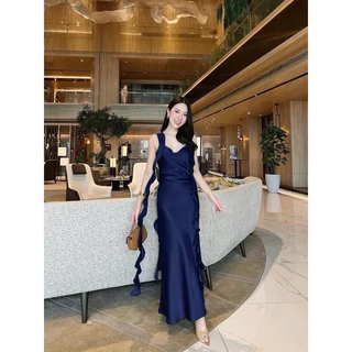ชุดราตรีออกงาน เดรสยาว แต่งระบายเกลียวยาว งานมีซับใน ผ้าซาตินเงาเนื้ออย่างดี