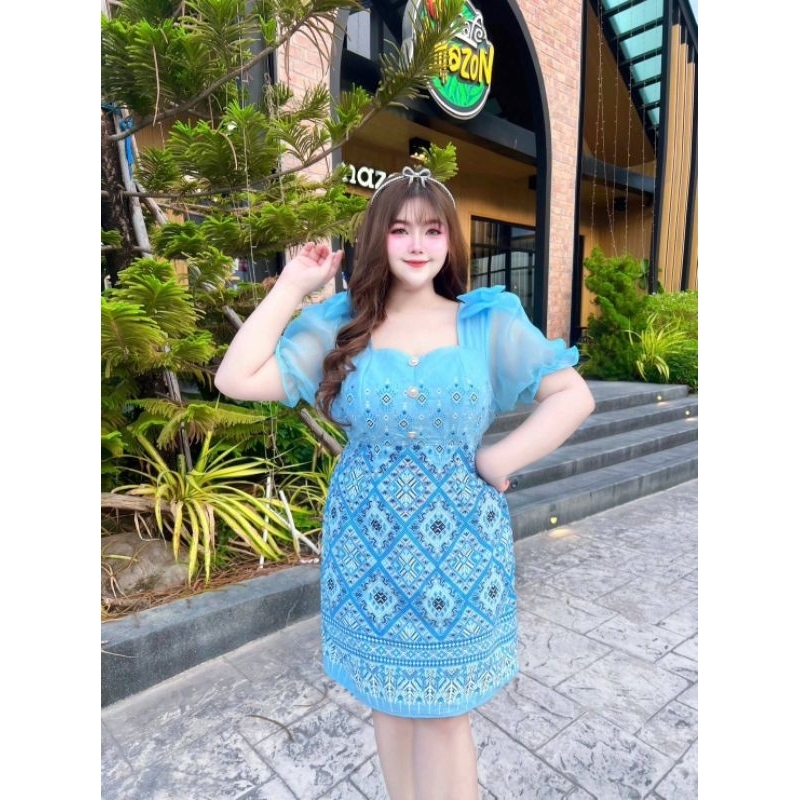 เดรสผ้าลายไทยประยุกต์ผ้าลายไทยสาวอวบใส่ออกงานพิธีการงานบุญงานบวชงานแต่ง - รูปที่ 7