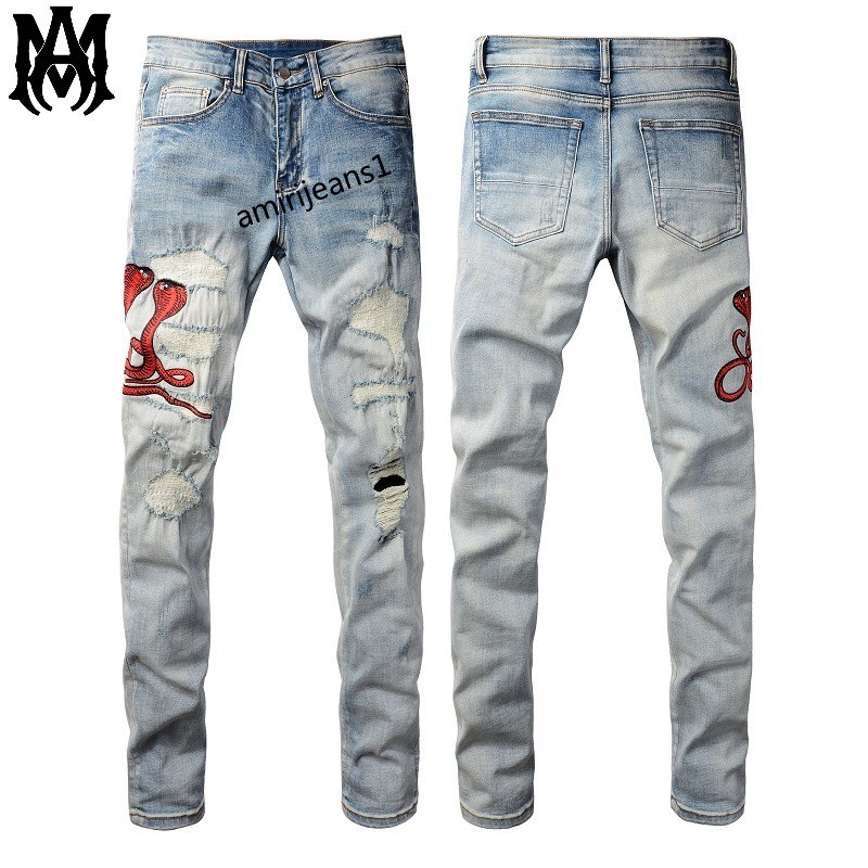 Amiri กางเกงยีนส์ชายใหม่ กางเกงปักลายงูสามหัวสีแดง กางเกงยีนส์ขาดสีอ่อน
