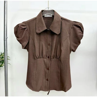 เสื้อเชิ๊ตคอปก แขนฟักทอง ผ้าสโนว์ ด้านหลังมีสายปรับเข้ารูป