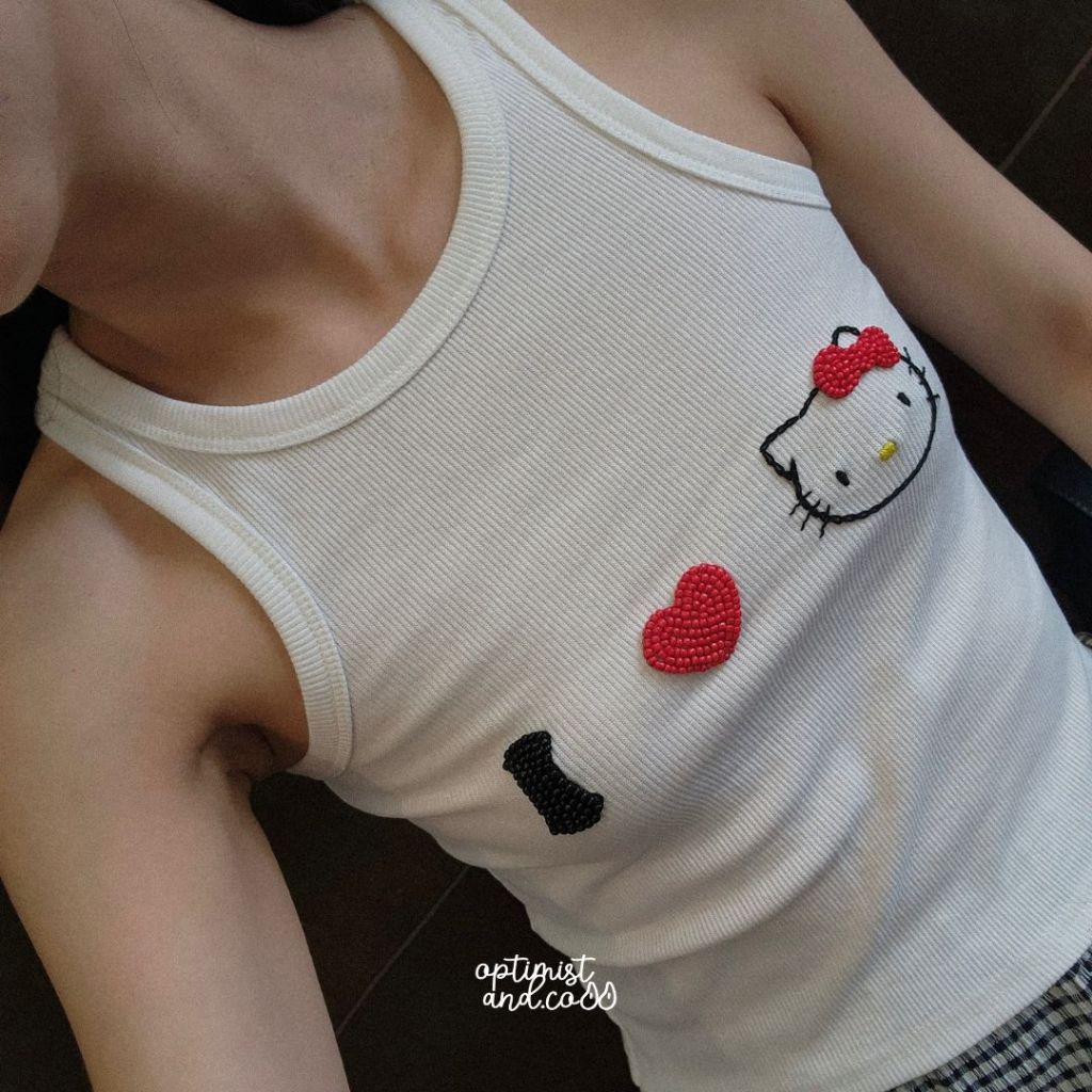[Pre-order] Tank Top เสื้อกล้ามปักลาย I ♥ KITTY *Handmade100%