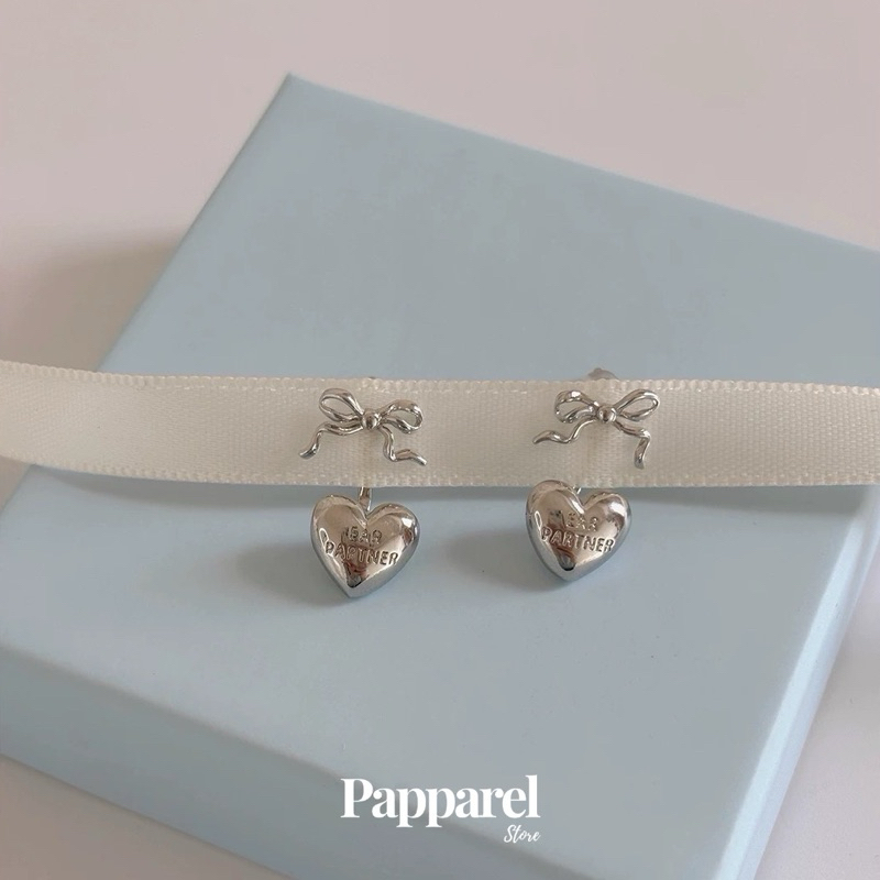 “Darling” ต่างหูโบว์หัวใจ ก้านเงินแท้ s925