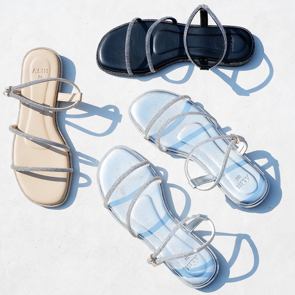 ALIN รองเท้ารัดส้น แต่งขอบกากเพชร สวยมาก พื้นนิ่ม ใส่สบาย