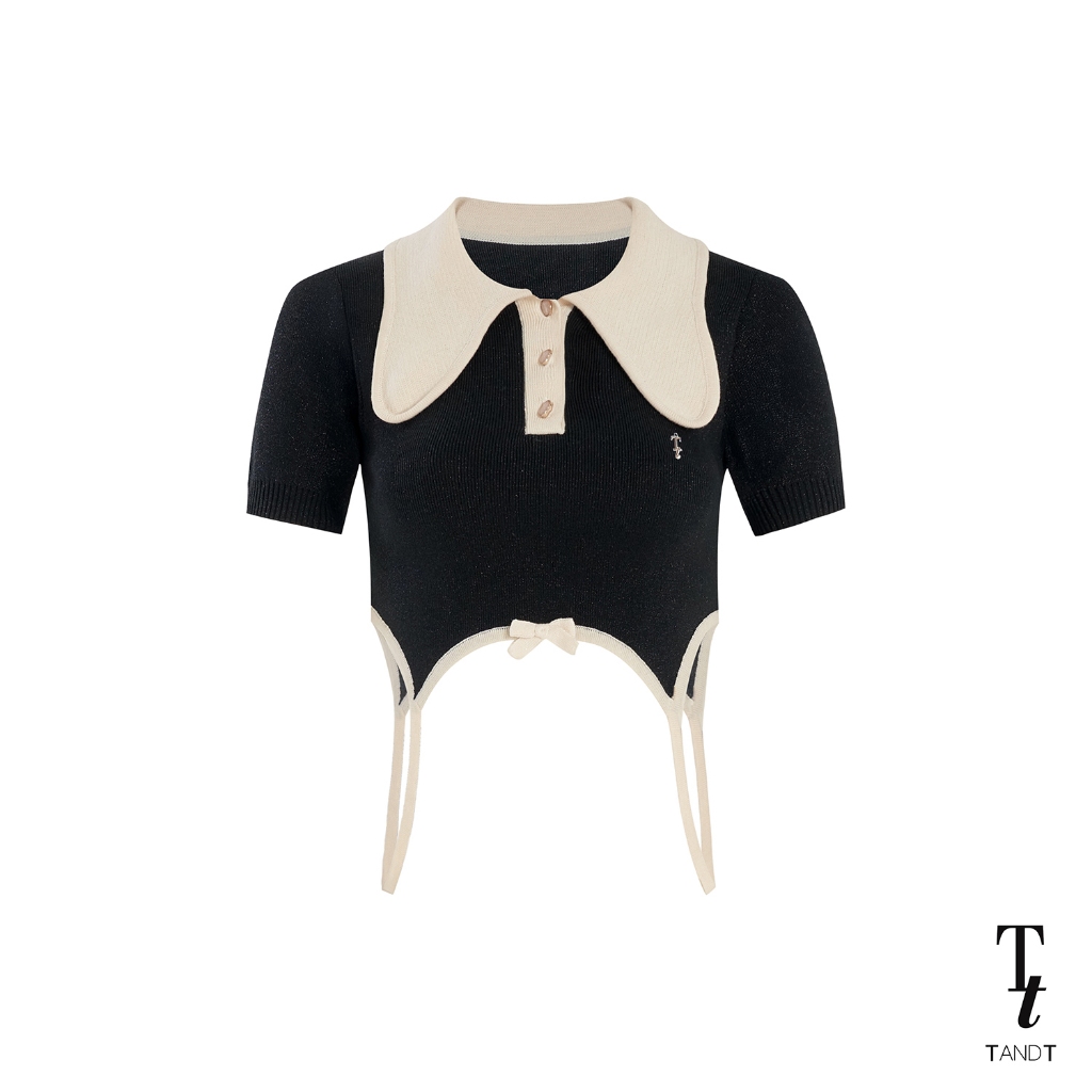 TandT - KIKI BLACK AND WHITE TOP - TWO-TONE BOW TRIM KNITTED POLO CROP TOP
