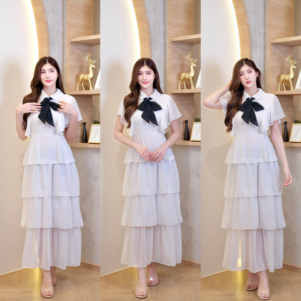 พร้อมส่ง เดรสยาวผ้าซีฟองคอปกแขนระบายโบว์หน้าแต่งระบายชั้นๆซิปหลังพร้อมสายผูกเอว A5722