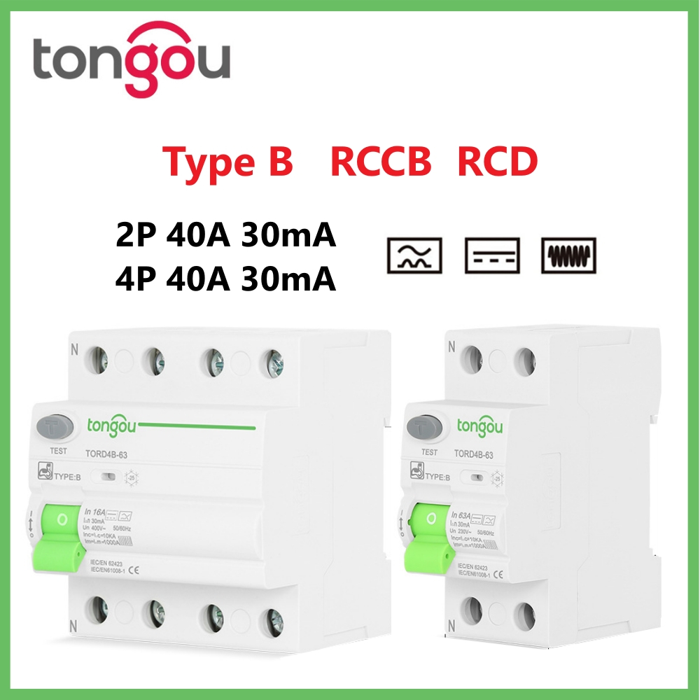 RCCB Type B เบรคเกอร์กันดูดกันรั่ว MCB รถEV charger Tongou เบรคเกอร์ RCD Type B 2P 4P 40A