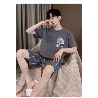ใหม่/#TP-พร้อมส่ง ชุดนอนผู้ชาย ผ้ายืด ผ้านิ่ม เเขนสั้น+ขาสั้น พิมลาย