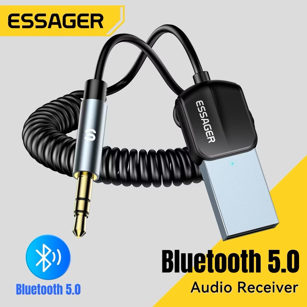 Essager อะแดปเตอร์รับสัญญาณบลูทูธ 5.0 พร้อมสายสปริง 3.5 มม. อะแดปเตอร์บลูทูธ USB สำหรับลำโพงรถยนต์ LF01-P/YH01-P