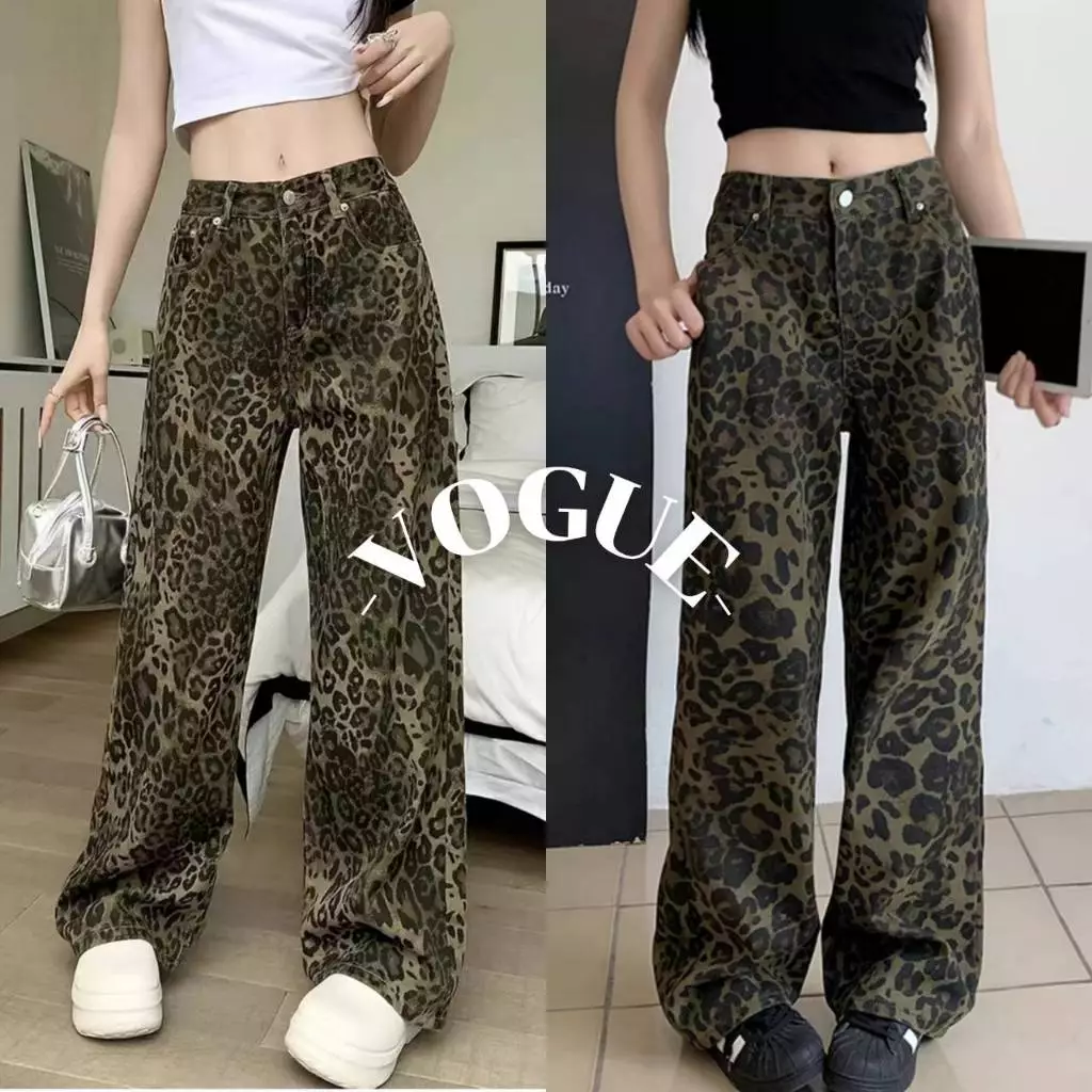 Vogue🌟พร้อมส่ง🌟 กางเกงยีนส์ขายาว เอวสูง ทรงกระบอก ลายเสือสองสี (8818-NZ)