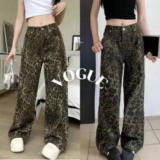 Vogue🌟พร้อมส่ง🌟 กางเกงยีนส์ขายาว เอวสูง ทรงกระบอก ลายเสือสองสี (8818-NZ)