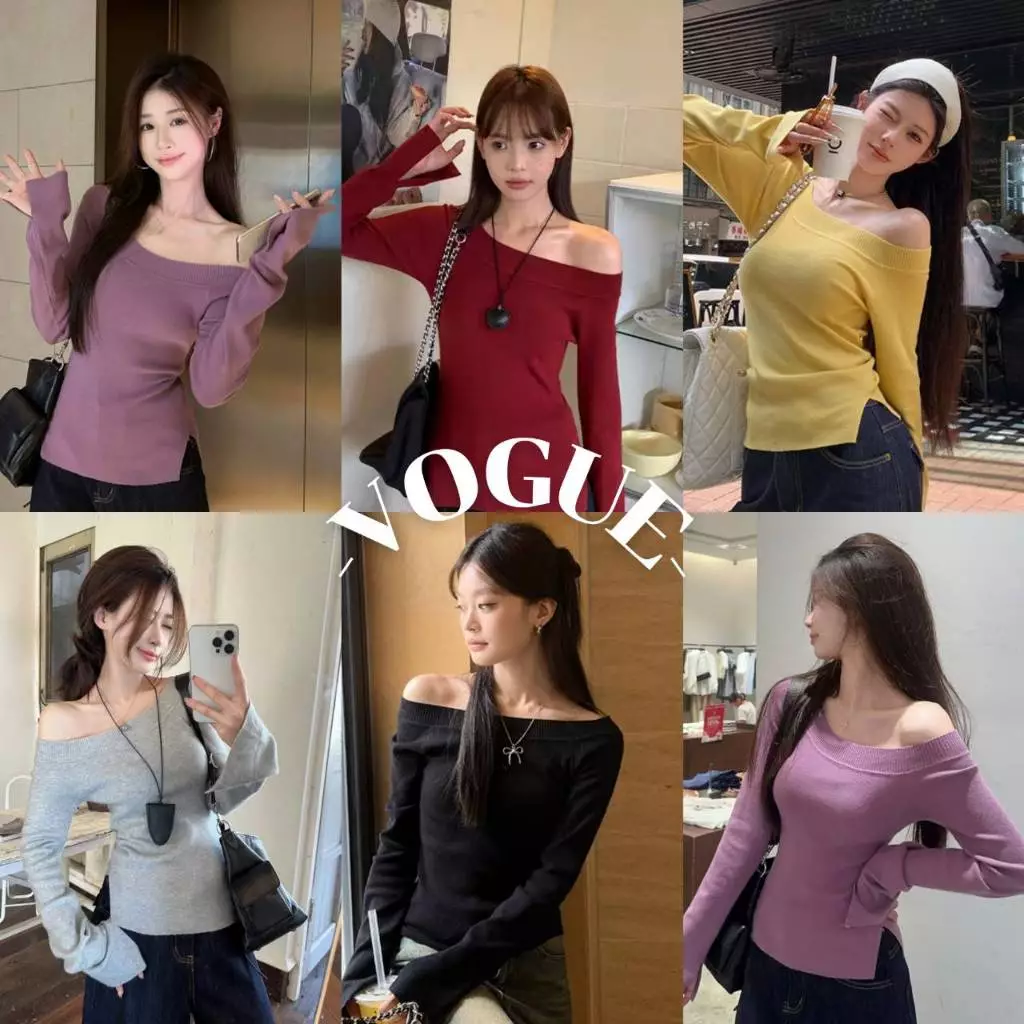 Vogue🌟พร้อมส่ง🌟 เสื้อไหมพรมแขนยาว เปิดไหล่ ผ้าร่องยืดตามตัว ใส่ง่าย (Z-Y76)