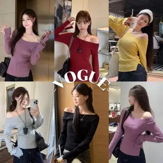 Vogue🌟พร้อมส่ง🌟 เสื้อไหมพรมแขนยาว เปิดไหล่ ผ้าร่องยืดตามตัว ใส่ง่าย (Z-Y76)