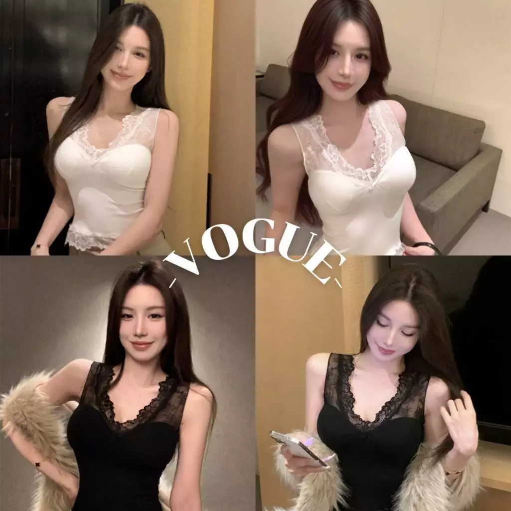 Vogue🌟พร้อมส่ง🌟 เสื้อกล้ามขอบลูกไม้ มีฟองน้ำ ยืดตามตัว ใส่สบาย (FY2047)