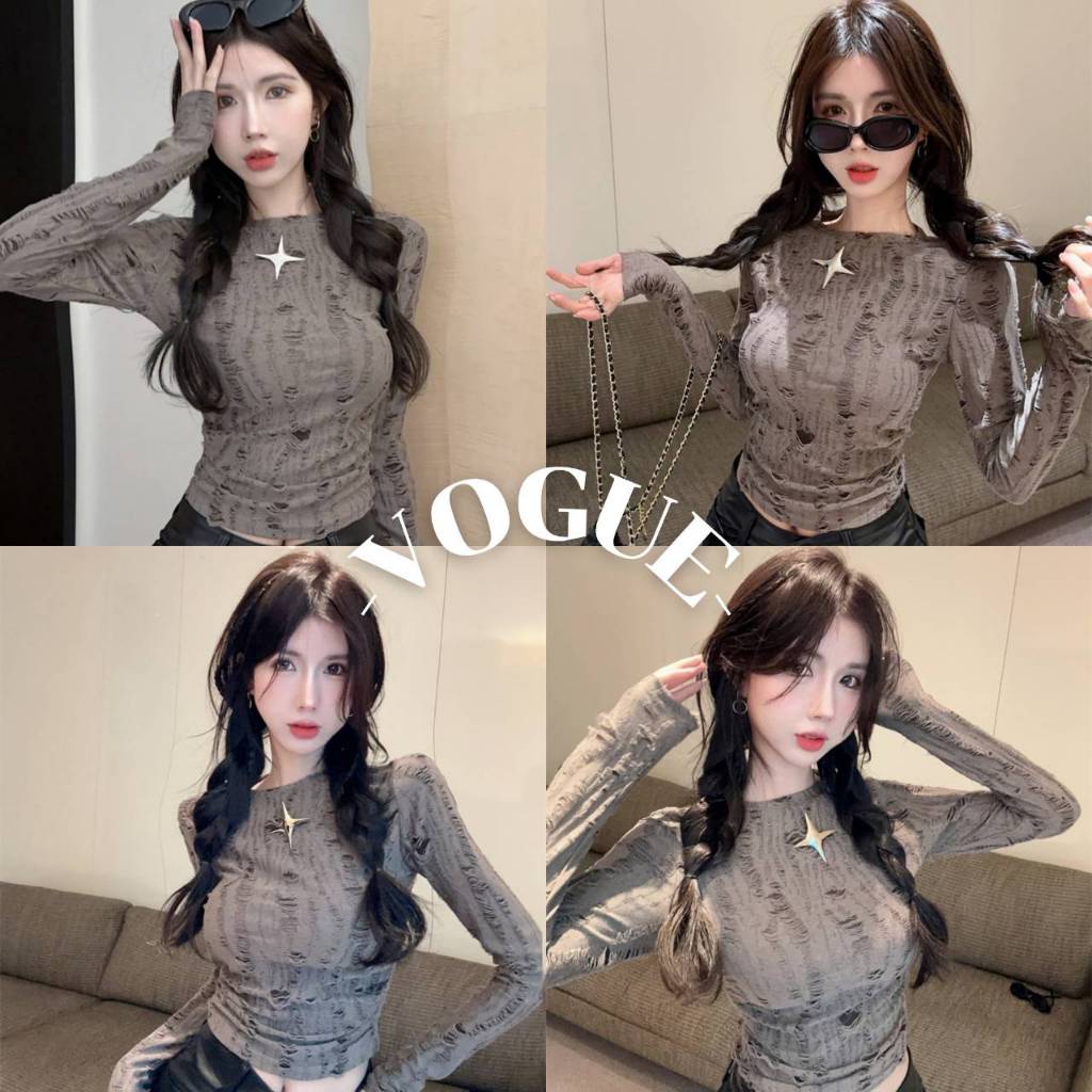 Vogue🌟พร้อมส่ง🌟 เสื้อยืดครอปไหมพรมแขนยาว คอกลม ดีเทลขาดๆสีเทาแถมเข็มกัด (60172)