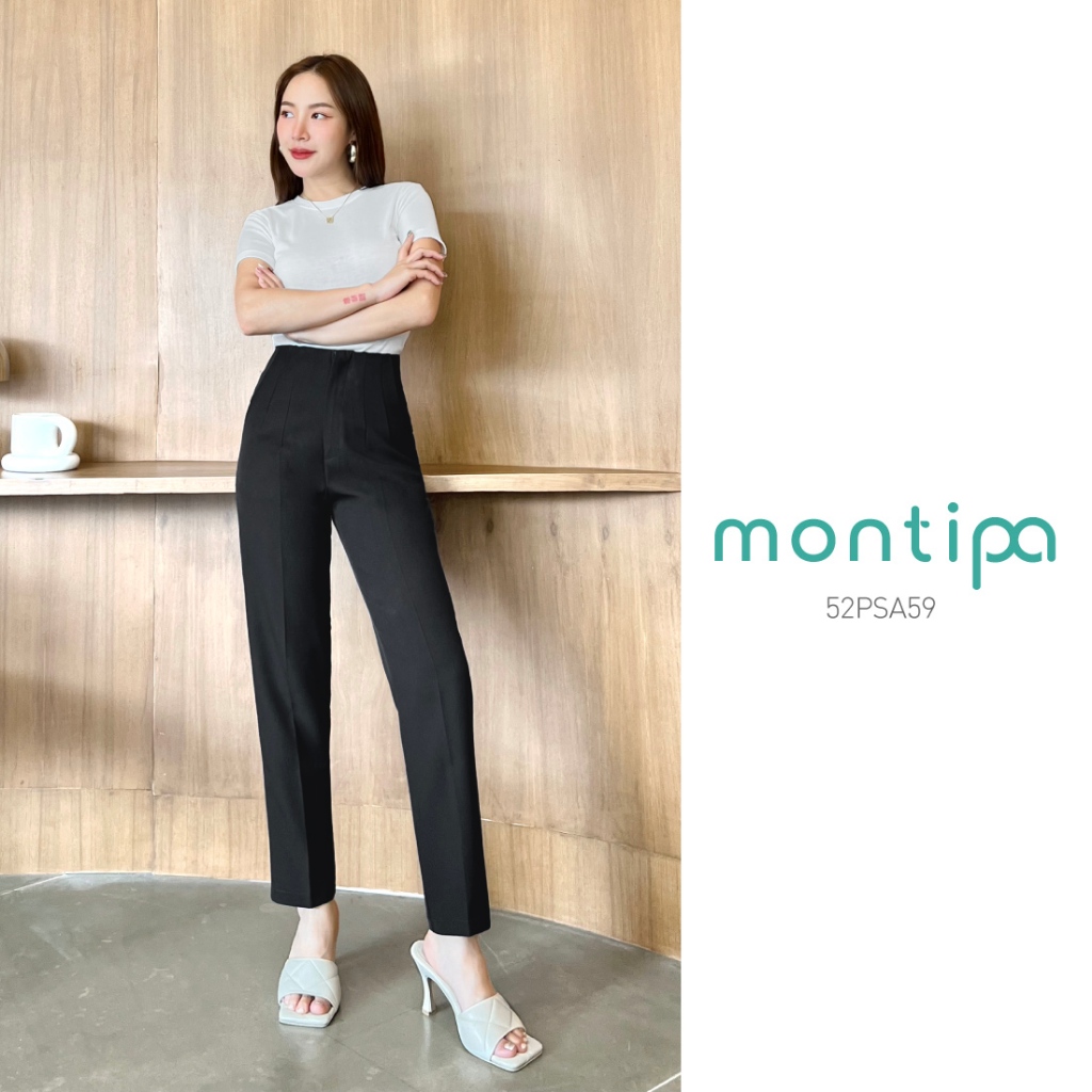 Montipa สีใหม่ กางเกงแปดส่วนทรงสอบซิปหน้า ขอบเอวในตัว ดีเทลตีเกล็ดยาวด้านหน้า เนื้อผ้า Iron Free 52PSA59