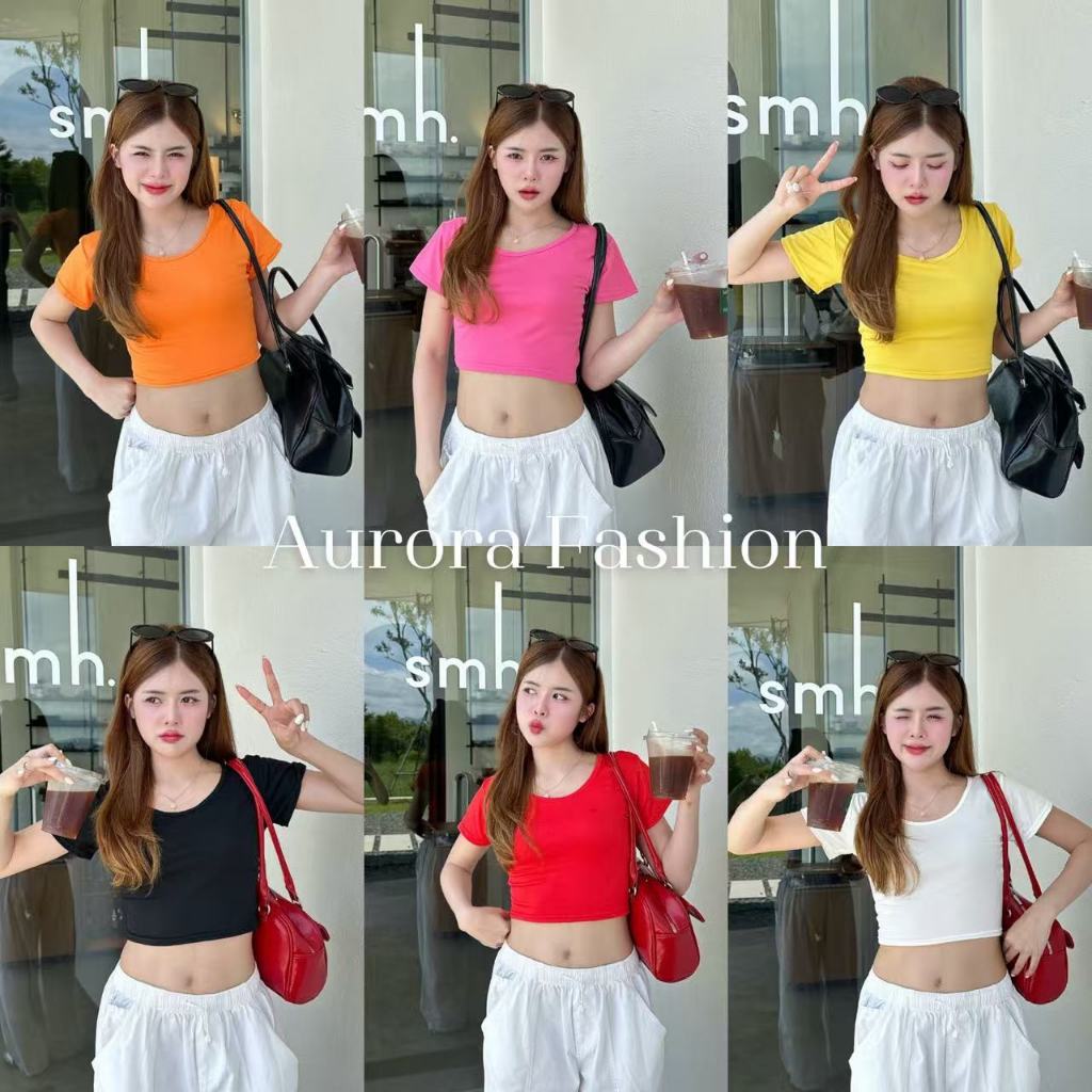 Aurora🛒พร้อมส่ง🚚 (รูปถ่ายจากงานจริง) เสื้อครอปคอกลม แขนสั้น ยืดตามผ้าลื่นๆ สีสั้นสดใสแจ่มว้าว ใส่สบาย
