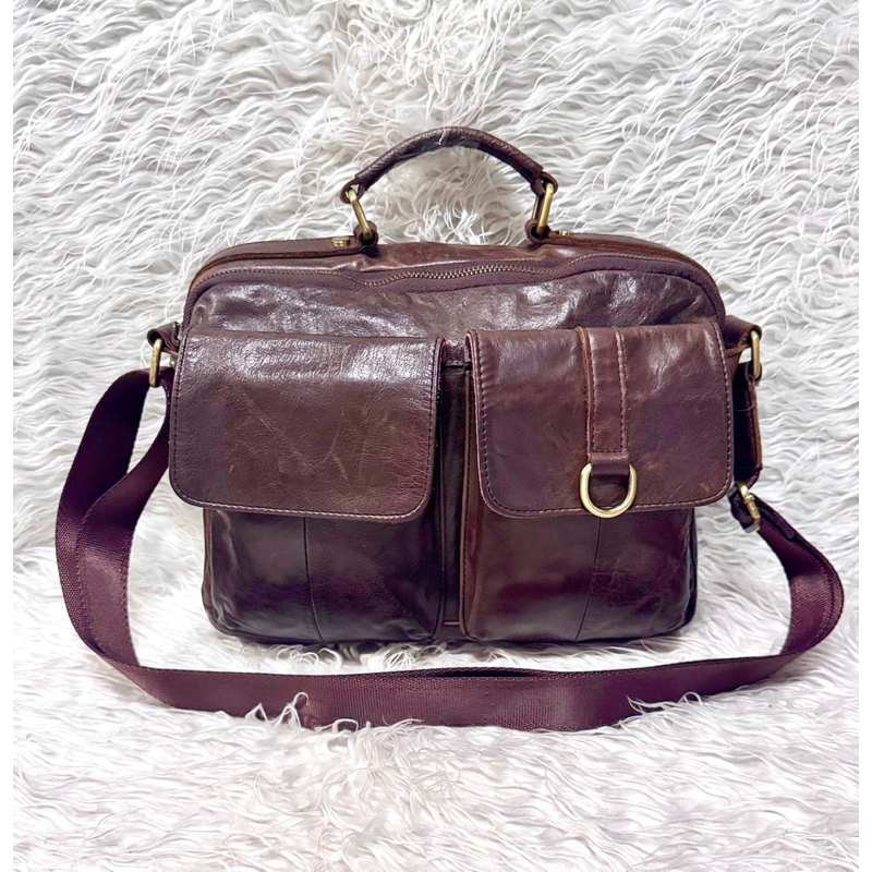 กระเป๋าหนังแท้100%สีน้ำตาลเข้มงานชายถือ/ด้สะพายได้PHELIA(รหัส ดอกไม้202)