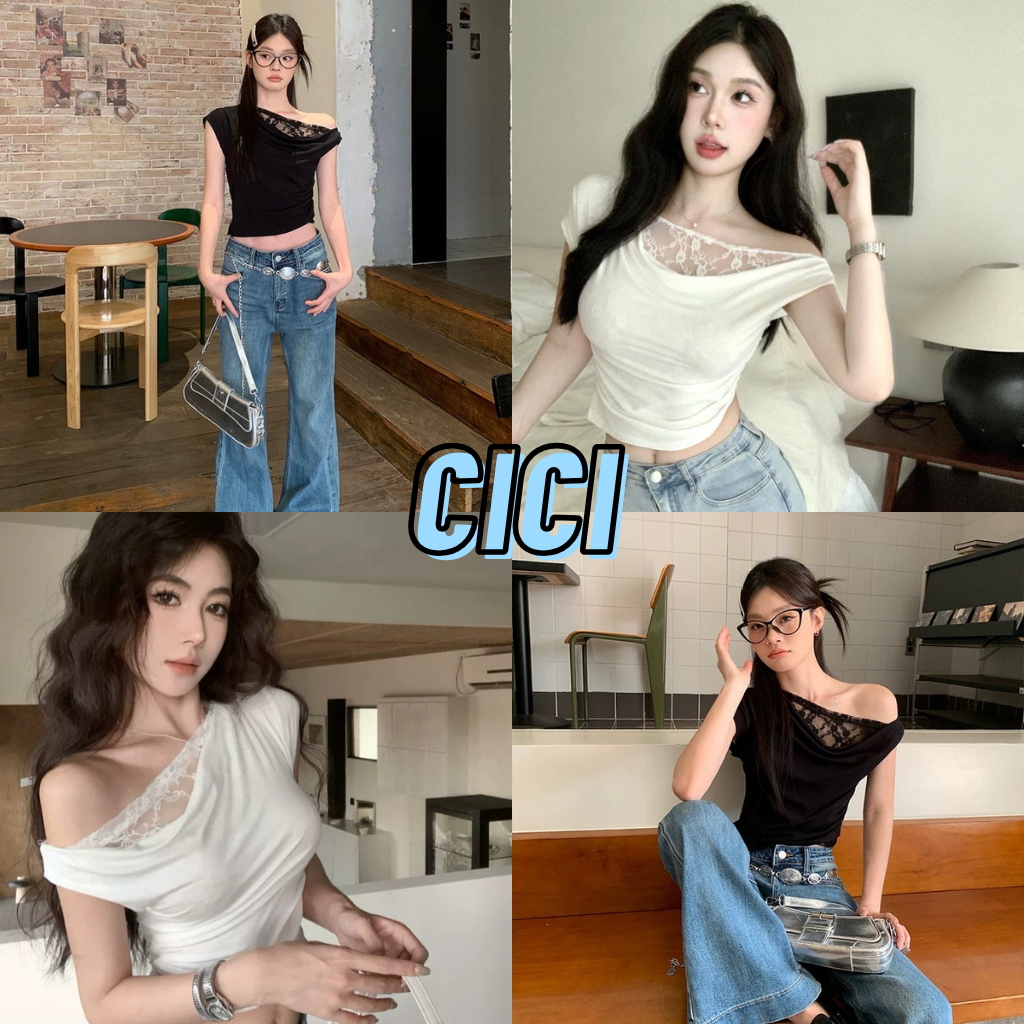 ส่งทันที Cici(NO. J1270) เสื้อปาดไหล่ ผ้าเรยอนพร้อม detail ซีทรูด้านในเพิ่มความแซ่บสไตล์สาวเกาหลี