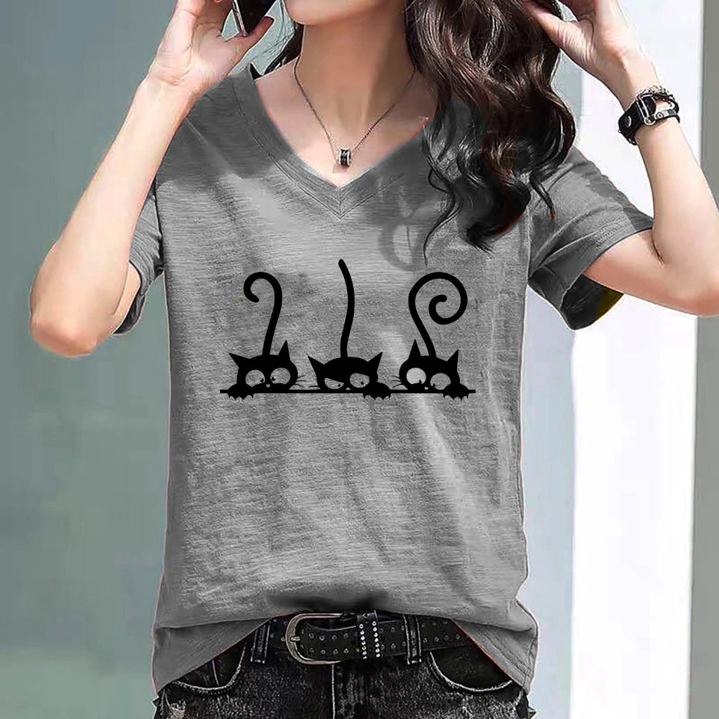 M-6XL เสื้อยืดแฟชั่นเกาหลี แมวดำ คอวีT-shirt ฺBlack CAT for women Cotton100% High quality รุ่น C453