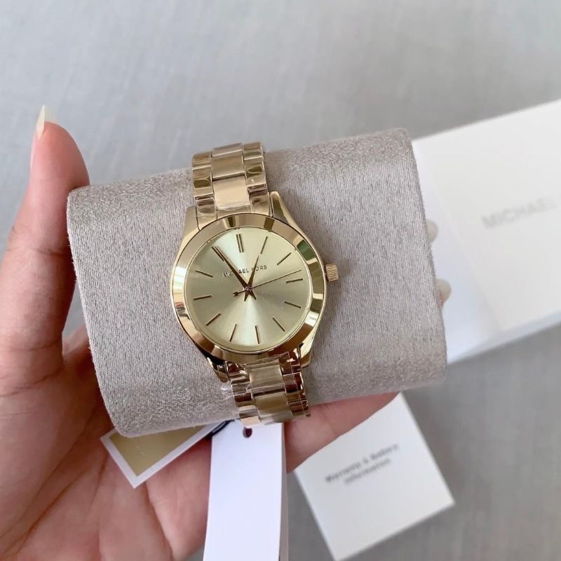 🌻เรียบหรูดูแพง ✨ นาฬิกา Michael Kors Mini Runway Slim Gold Dial Gold Steel Strap Watch for Women MK3