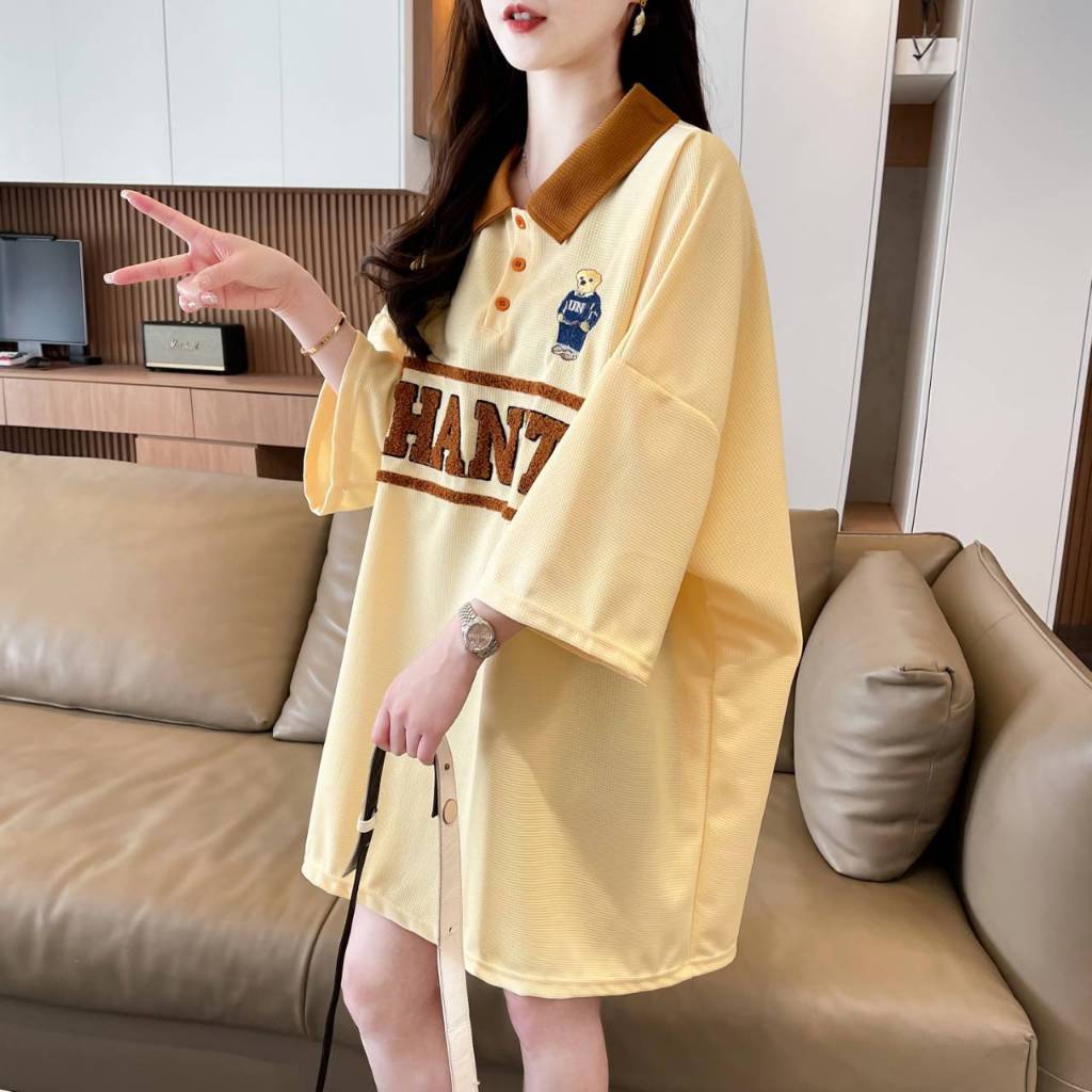 เสื้อแขนสั้นคอปก Oversize เสื้อโปโล (อก 52-60 นิ้ว) ปัก KHANITA ปักหมีที่อก ผ้าวาฟเฟิล ผ้าไม่ยืด A75