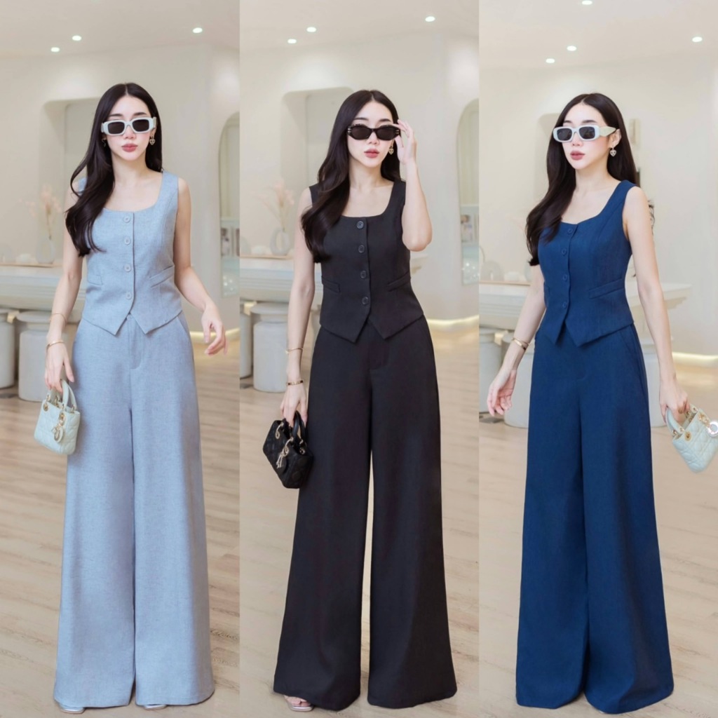 JiraClothing J1407 เซตเสื้อแขนกุดกระดุมหน้า มาพร้อมกางเกงขายาวทรงกระบอก