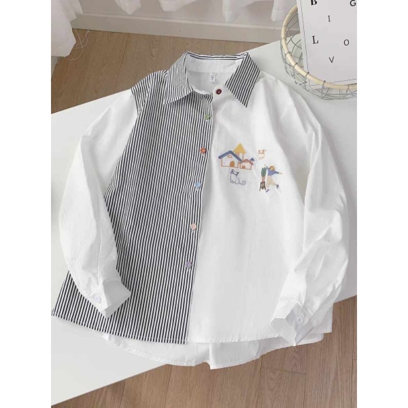 RUCHI -​พร้อมส่งในไทย*   home with cat เสื้อเชิ้ตปักลาย ลายแมว เสื้อเชิ้ตผ้าคอตตอน