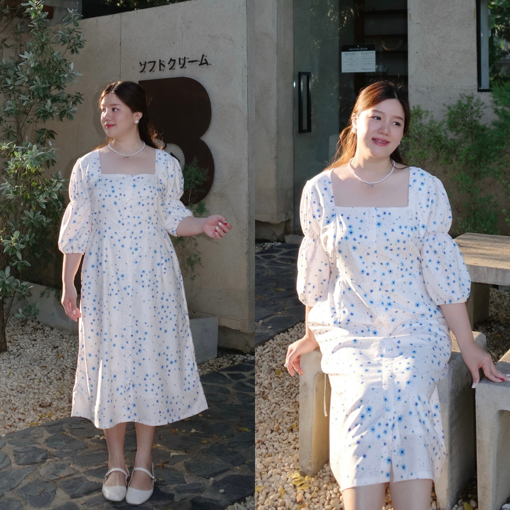 (❤️อกถึง 50") Fleur Blue Square เดรสสาวอวบ ชุดสาวอวบ