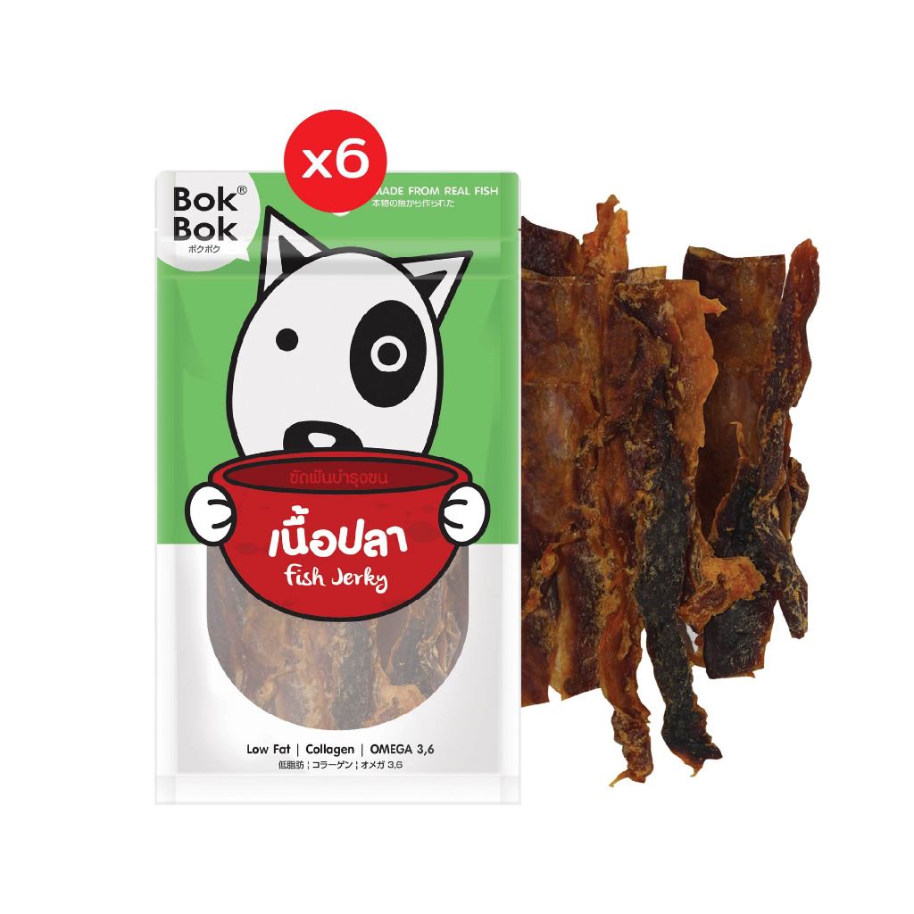 Bok Bok ขนมน้องหมา เนื้อปลา 300 กรัม 12 ถุง ทำจากเนื้อปลา 100% ไขมันต่ำ เหนียวขัดฟัน ช่วยบำรุงขนและผิวหนัง ไม่ปรุงรส
