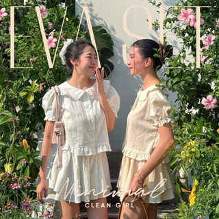 𝐄𝐕𝐀 𝐒𝐄𝐓 🥤🍒 ( เอ-วา) ชุดเซตผ้าดับบี้ เสื้อดีเทลน่ารักลูกคุณหนูแต่งคอบัว แขนพองสุดคิ้ว ใส่คู่กับกระโปรงสั้นระบาย2ชั้น