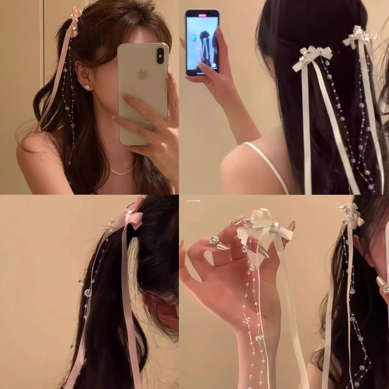 กิ๊บติดผมประดับลูกปัดริบบิ้นโบว์สำหรับสาวน้อยแสนหวาน