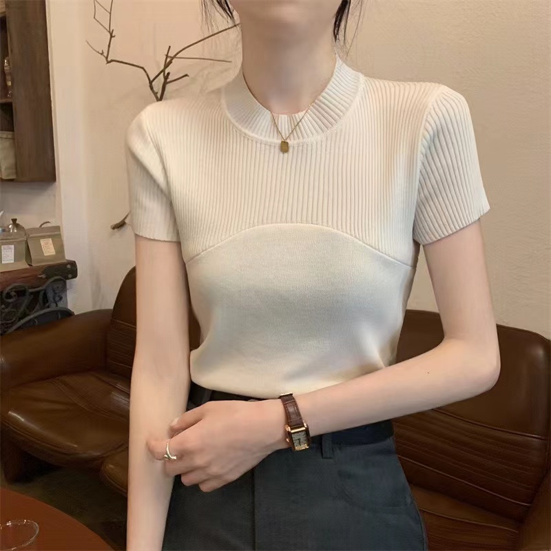 พร้อมส่งเสื้อแขนสั้นไหมพรมตัดต่อรอบอก สไตล์สาวออฟฟิศ ใส่เข้ารูปตามตัวCT567*