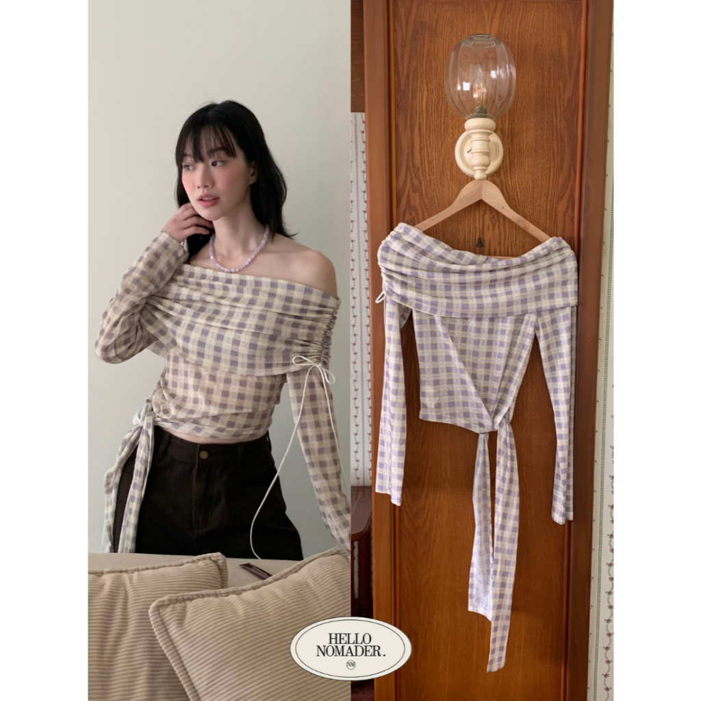 NOMADE.& พร้อมส่ง Rubyjane top {เสื้อเปิดไหล่ลายสก็อต}