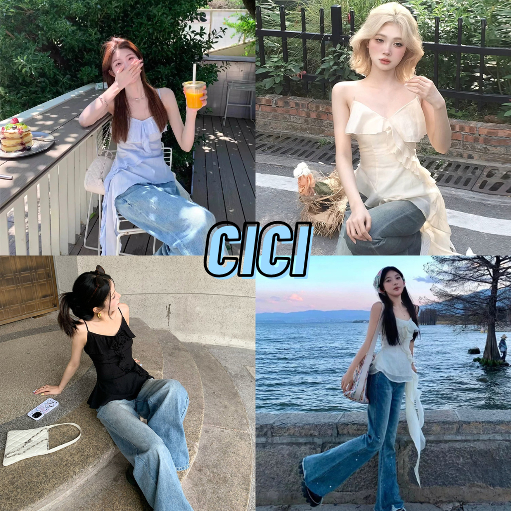 ส่งทันที Cici(NO. Y6209) เสื้อสายเดี่ยวผ้าลินิน สีพื้น แต่งระบายทรงเฉียง ซิปหลัง ปรับสายได้ สำหรับซัมเมอร์