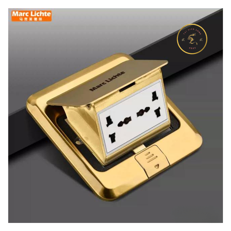 ปลั๊กฝังพื้น ป๊อบอัพฝังพื้น Marc Lichte 6 ขา แบบเปิดหน้าปัดสีทอง (ตัวกล่องเป็นสีเงิน)
