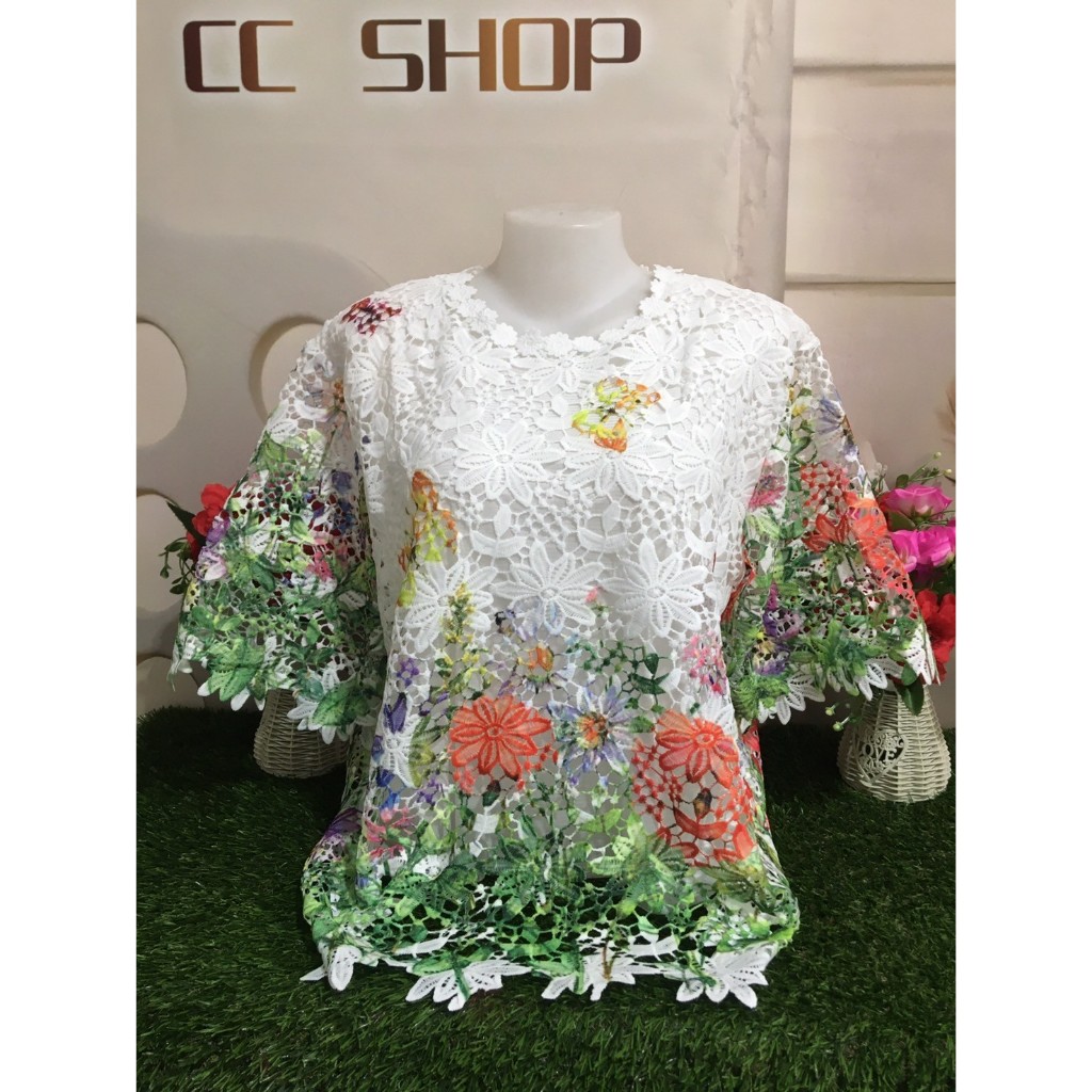 เสื้อลูกไม้  เสื้อคนแก่ เสื้อลายดอก ลายดอก อก46นิ้ว คอกลม แขนสามส่วน  รุ่น4605-0-พิมพ์ลาย