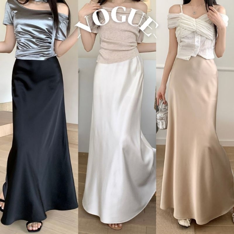 Vogue🌟พร้อมส่ง🌟 กระโปรงขายาว สีพื้น เรียบหรูดูแพง ยืดกำลัวดีใส่สบาย (3117)