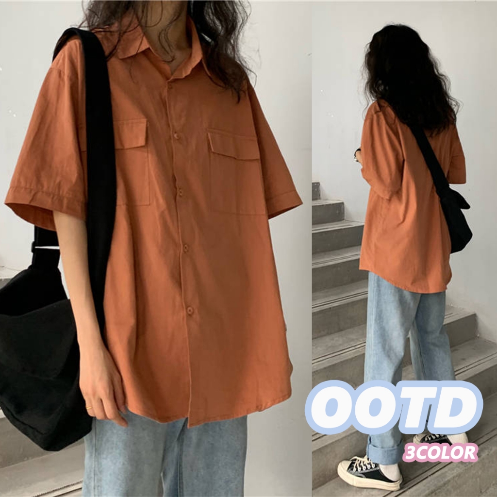 🌻Grace🌻 เสื้อผ้าสาวอวบอ้วน เสื้อเชิ้ตแขนสั้นสีทึบญี่ปุ่น กระเป๋าสามช่อง ผ้าคอตตอน เสื้อสตรีท เทรนด์แ