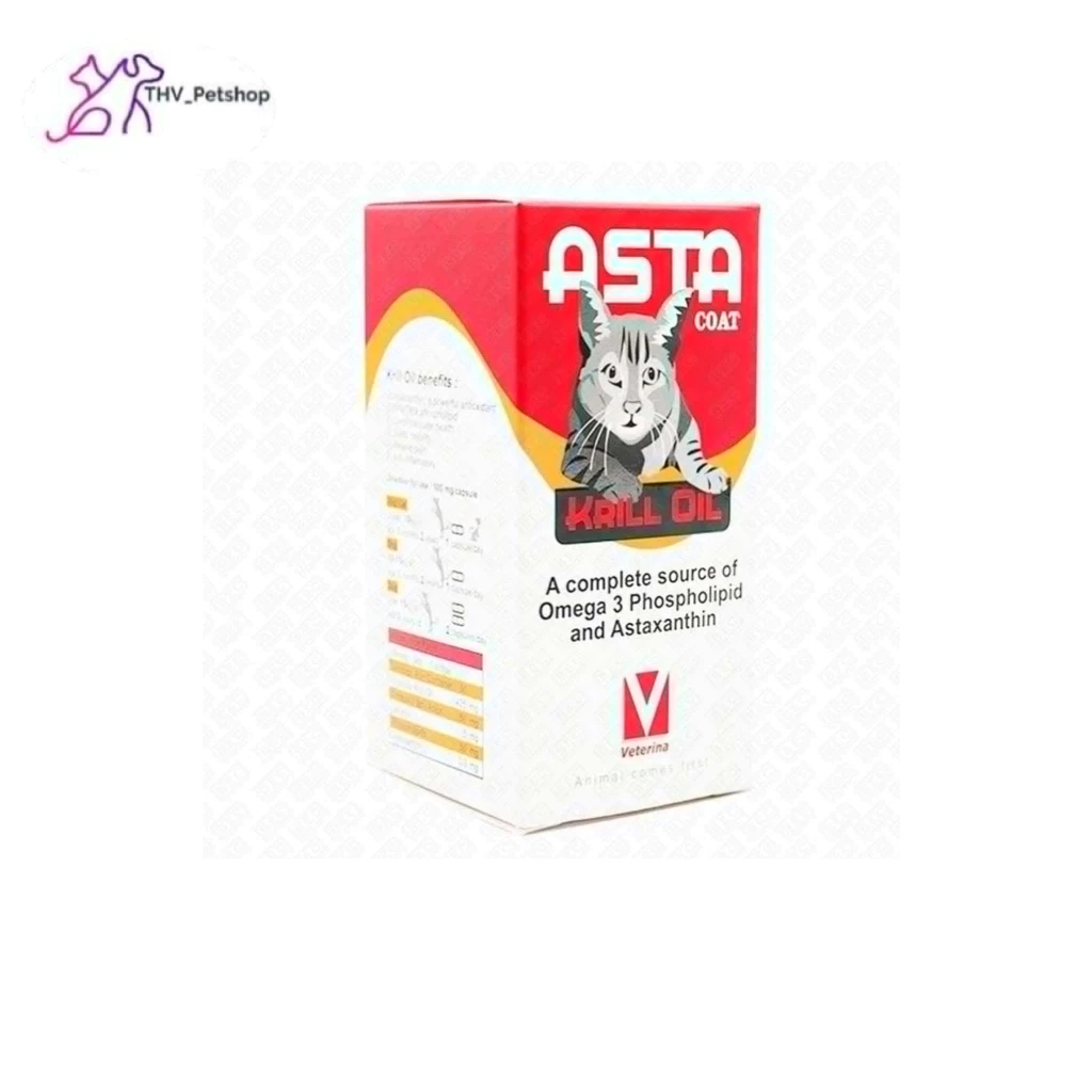 Asta Coat อเสริม Krill oil มี Omega-3บำรุงกระดูก ข้อ เส้นขน ลดการอักเสบ สำหรับสัตว์เลี้ยง 50 softgel capsules exp270128