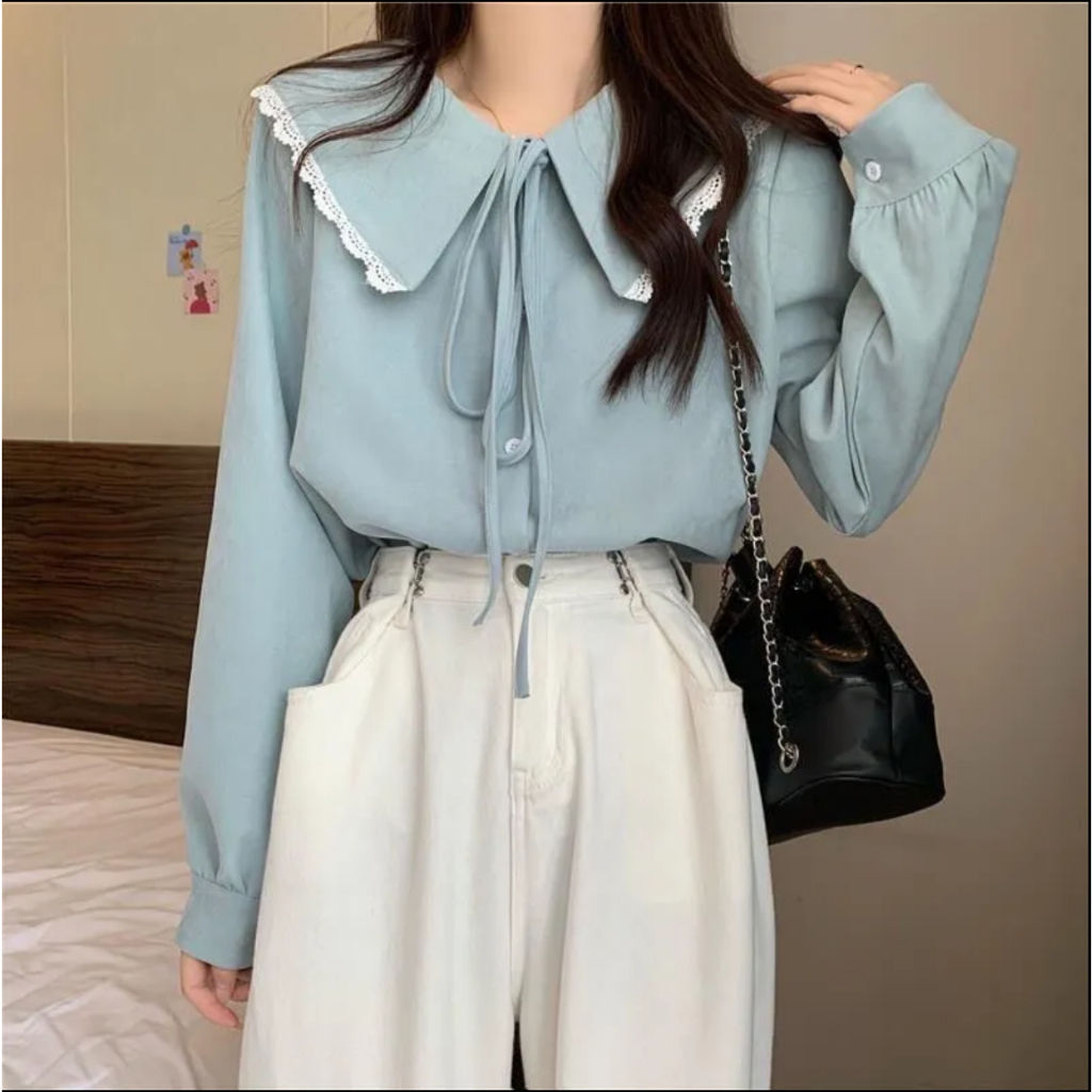 พร้อมส่ง✨แฟชั่นญี่ปุ่น น่ารัก คอตุ๊กตา เสื้อเชิ้ตสีขาว สไตล์วิทยาลัย ทรงหลวม ผูกโบว์ ผูกคอ สีทึบ เสื้อแขนยาว กระชับสัดส่