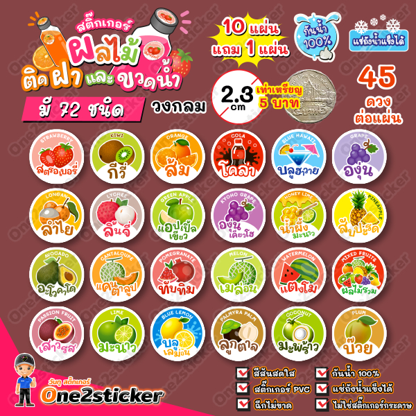 สติ๊กเกอร์ผลไม้ติดฝาขวดน้ำ แผ่นละ 45 ดวง วงกลม 2.3 cm