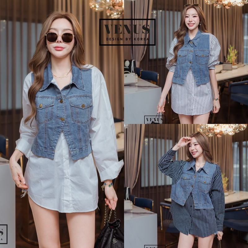 🌈🌿🌺🌼🌸🧡🤎🖤🇰🇷 Cotton Stripe Patch Jeans Long Sleeve Shirt