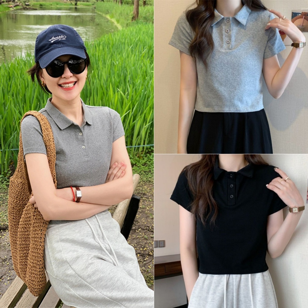 Beryl  เสื้อโปโล เสื้อยืดแขนสั้น สไตล์เกาหลี สีพื้น ทรงหลวม ดีไซน์เสื้อสั้น เรียบง่าย และทันสมัย