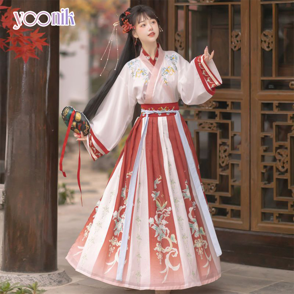 ชุดจีนโบราณ 3 ชิ้น รุ่นเอวสูง สีแดง สไตล์เจ้าหญิง เหมาะสำหรับผู้หญิง