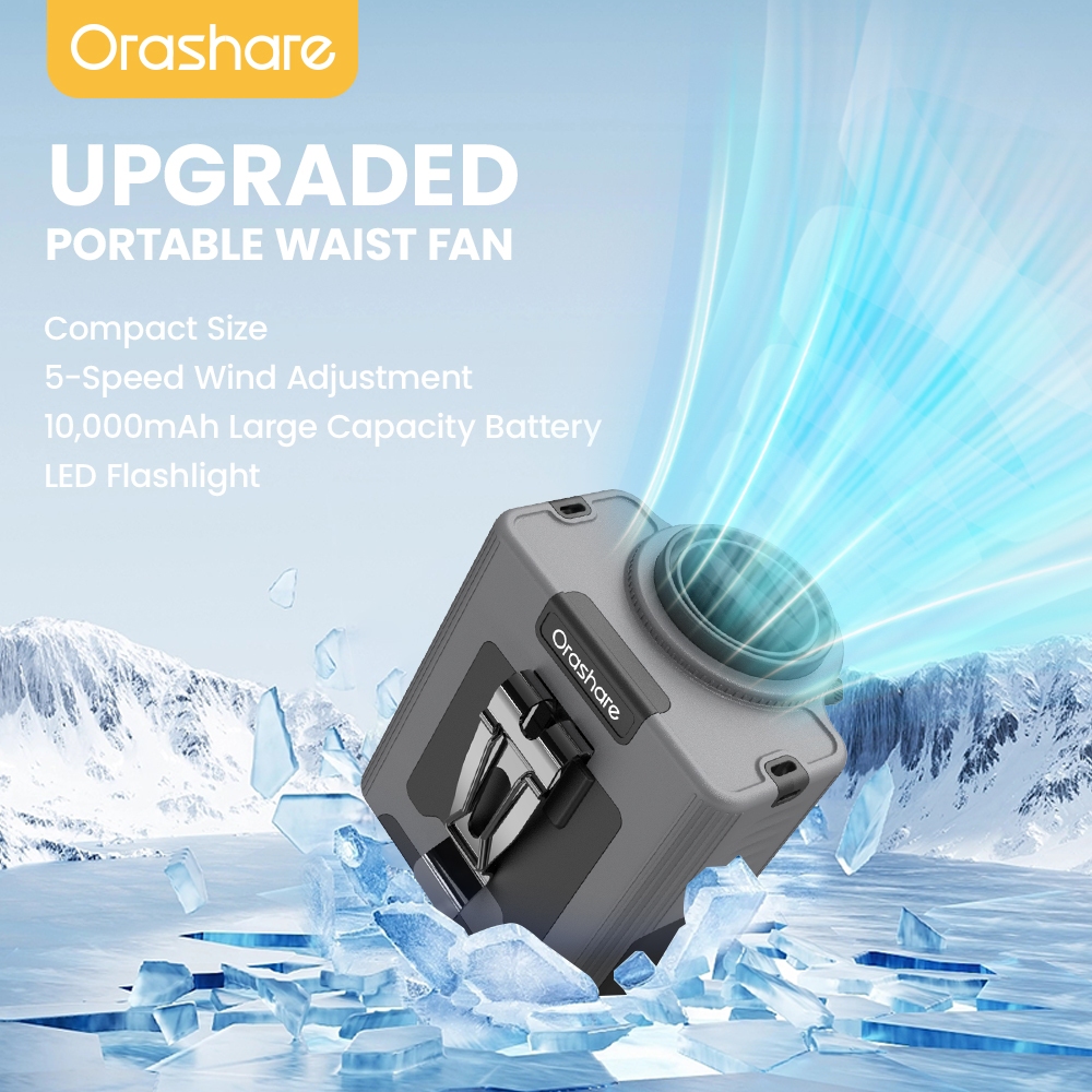 Orashare WF10 พัดลมคาดเอว 10,000mAh พัดลมพกพาลมแรง 5 สปีด ชาร์จไฟได้ พร้อมไฟ ใช้งานได้ 40 ชั่วโมง
