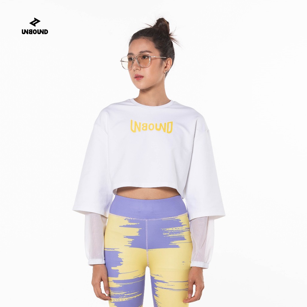 UNBOUND NATURE LAYER SWEATSHIRT-WHITE เสื้อครอปแขนยาวสีขาว ปลายแขนผ้าตาข่าย