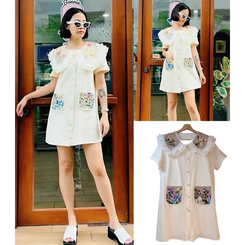 sirin studioเดรสสั้สีครีมงานปักปกลายดอกไม้B157