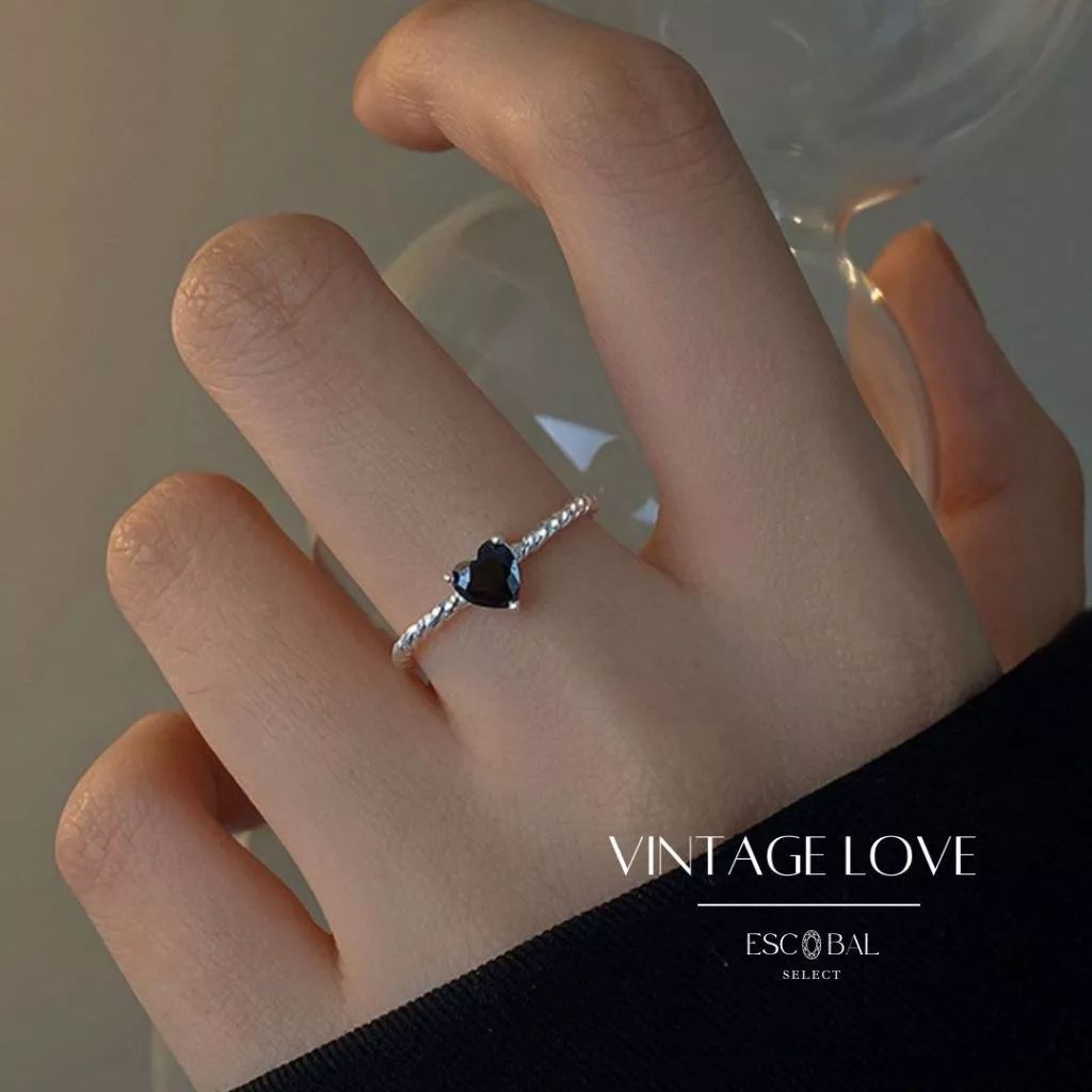ESCOBAL แหวนเงินแท้ Vintage Love แหวนเงิน แหวนเพชรแท้ แหวนพลอยสีดำนำโชค ดีไซน์สวย วาเลนไทน์
